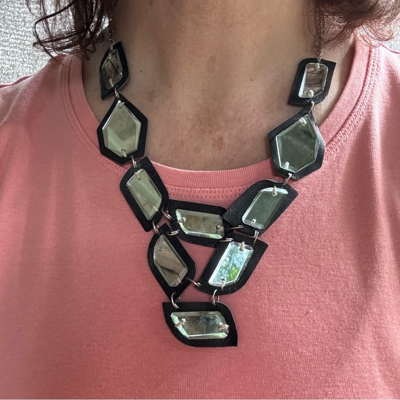 Bib Necklace by Zad - 1980’s - Mirror on Black Suede - Picture 4 of 5